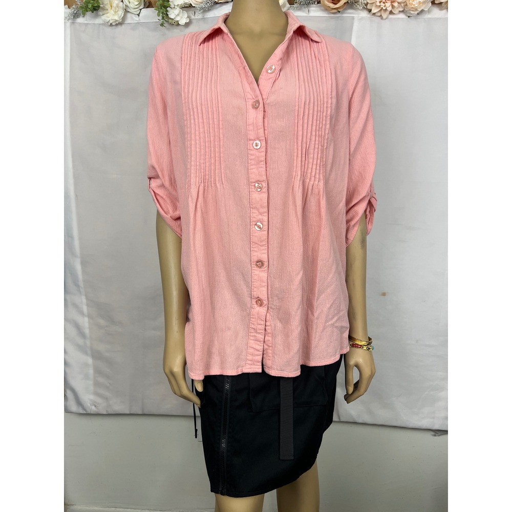 Woman Within Pink Pintuck Button‎ Up Crinkle Blouse Roll Tab Sleeve Size M 14/16